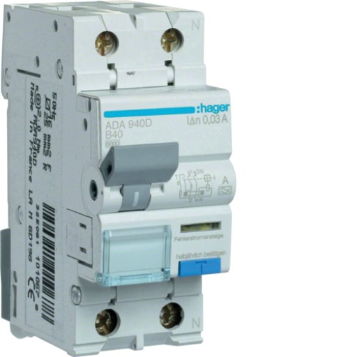 RCBO 1P+N 6kA B-40A 30mA A Class ADA940D Hager