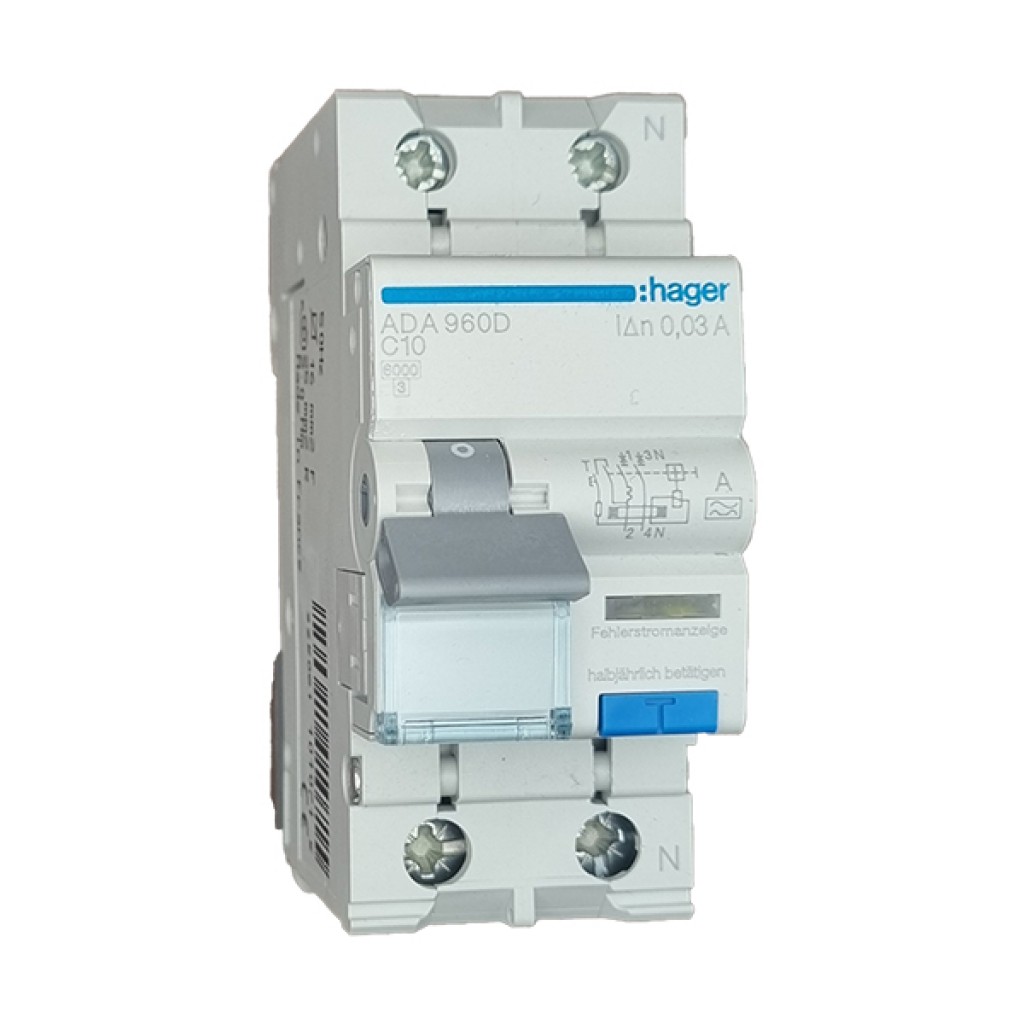 Hager FI-LS 1P+N 6kA C-10A 30mA Typ A ADA960D