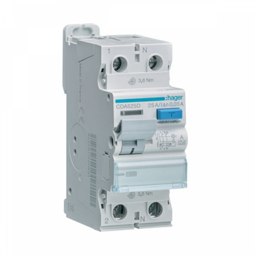 RCCB 2P 25A 30mA 10kA A Class CDA525D Hager